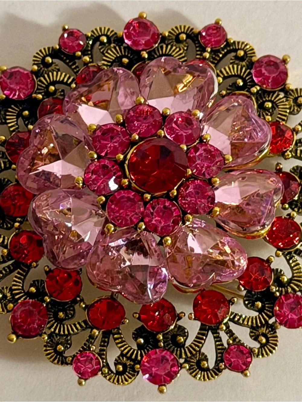 Vintage Style Pink Red Rhinestone Flower Brooch Gold Tone Filigree Statement Pin